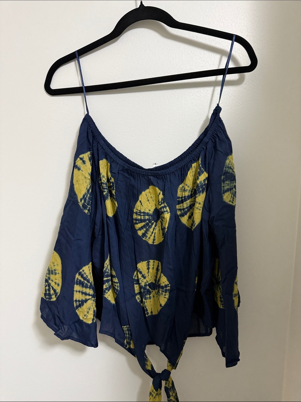 Navy and Yellow Tie-Dye Off the Shoulder Blouse
